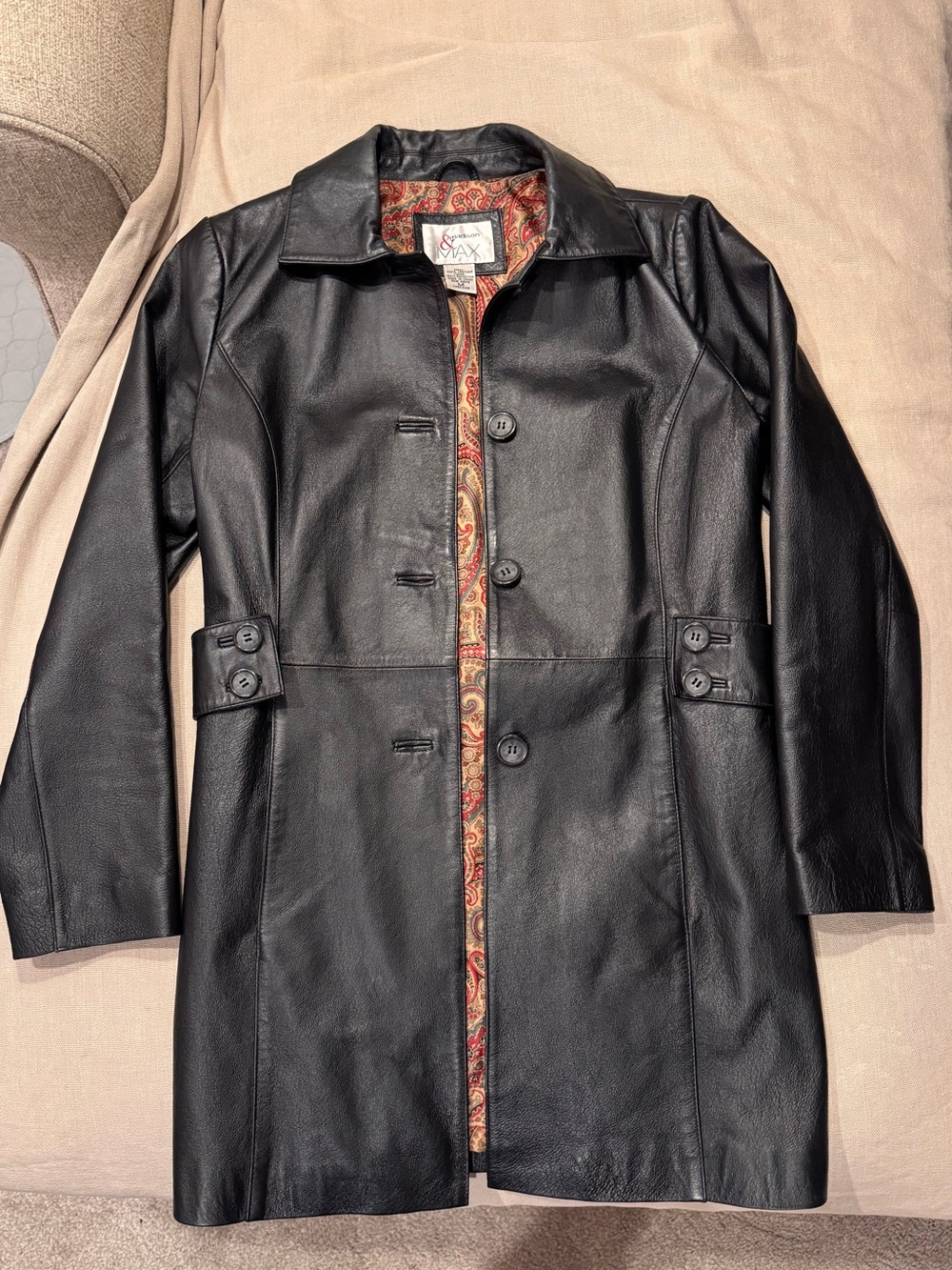 Vintage Madison & Max Black Leather Trench Coat Red Paisley Lined Women’s M